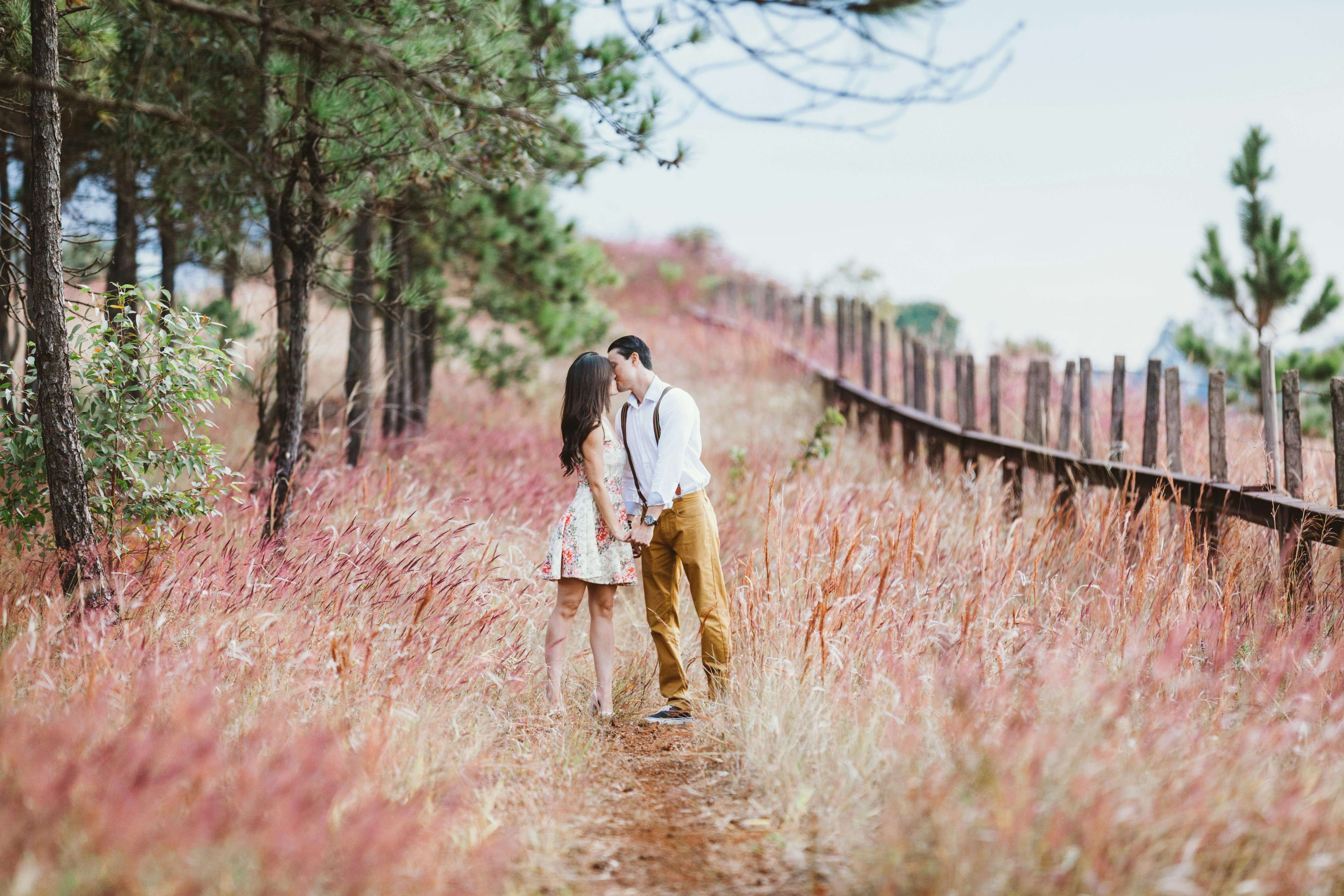 A romantic couple shares a kiss in a beautiful countryside setting, surrounded by fall colors.