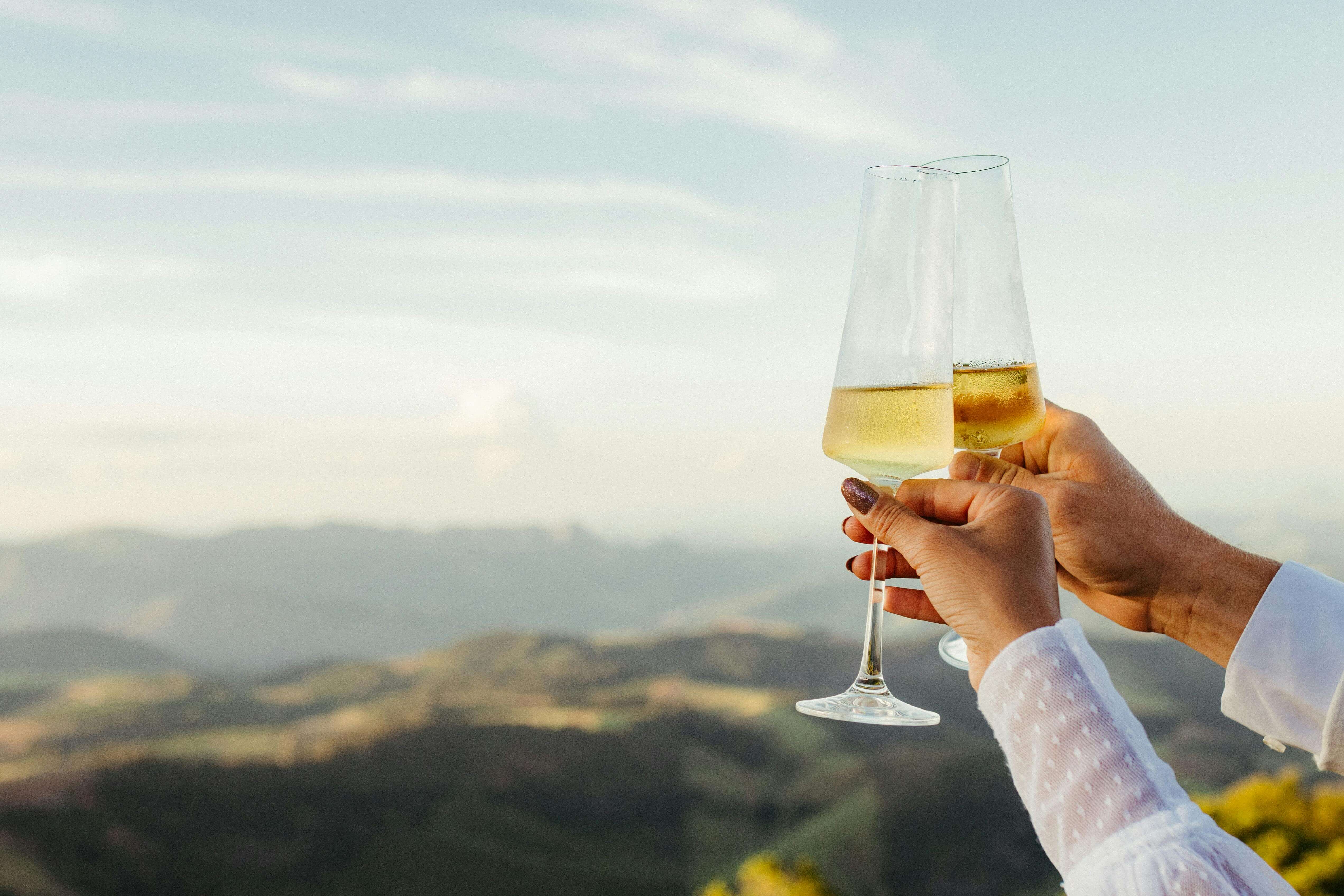 Two people clinking champagne glasses against a scenic mountain backdrop.