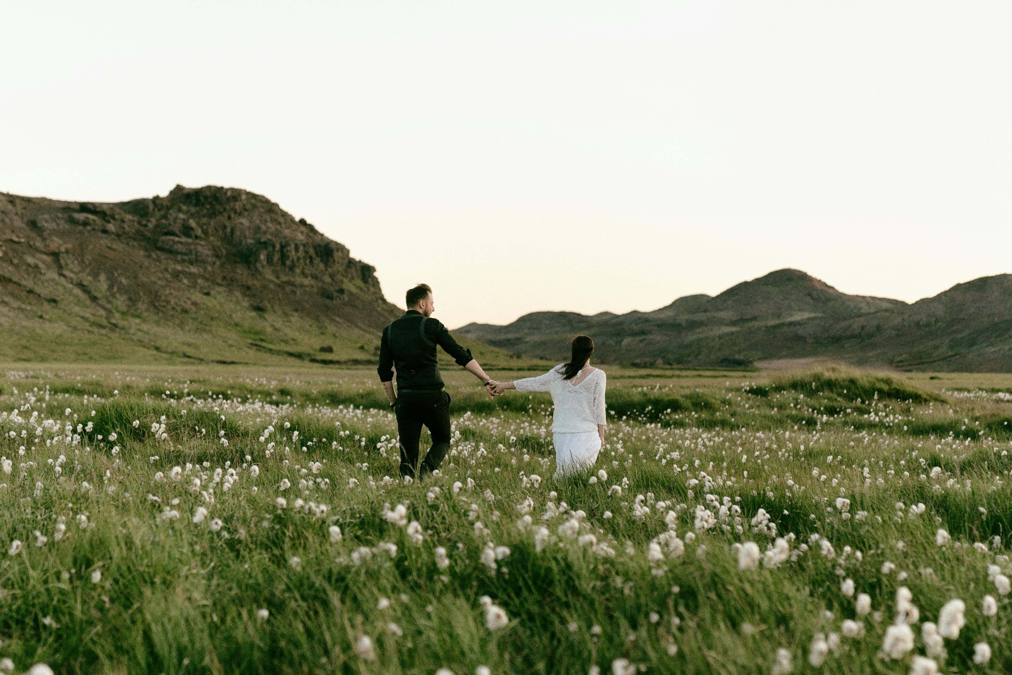 Couple holding hands walking through wildflower field with Icelandic mountains in background.