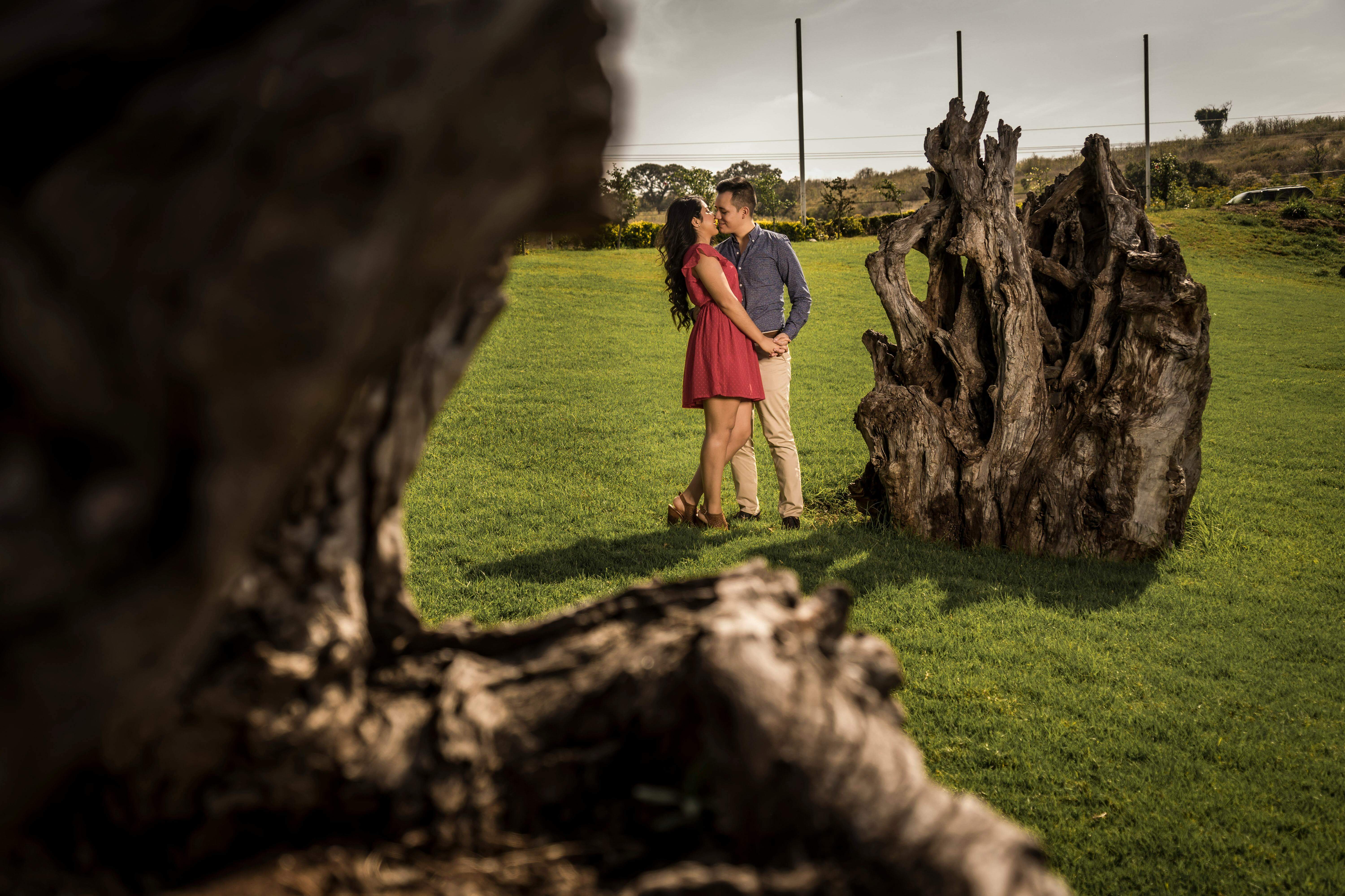 A couple shares a romantic moment in a picturesque park, emphasizing love and nature.
